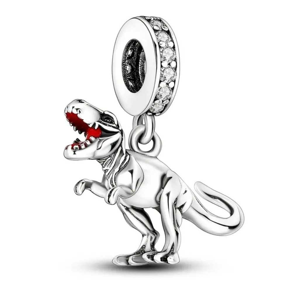 Sterling Silver Dinosaur Charm Pendant with Red Accent
